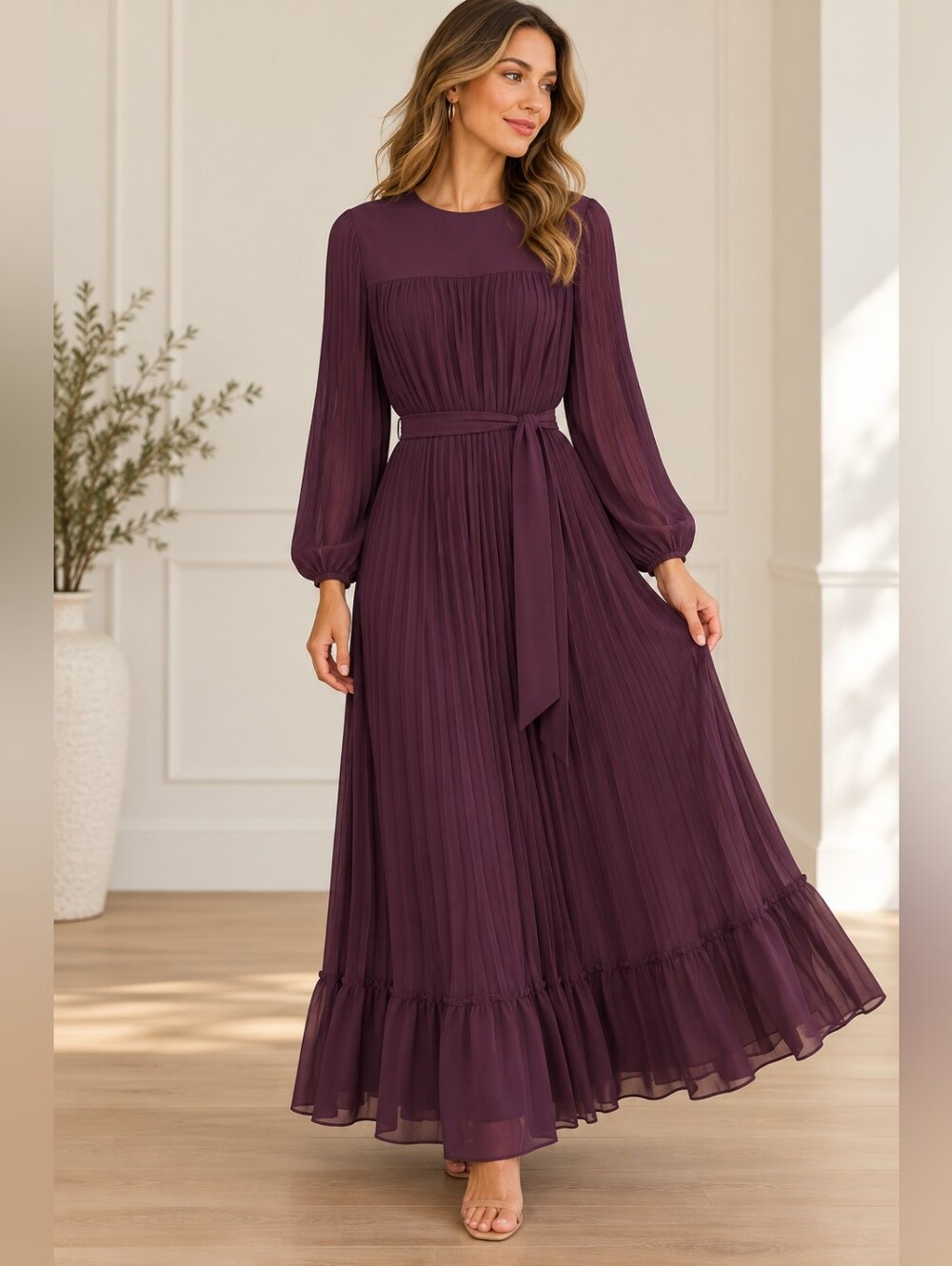 Pleated Long Sleeve Maxi Dress - Plum L